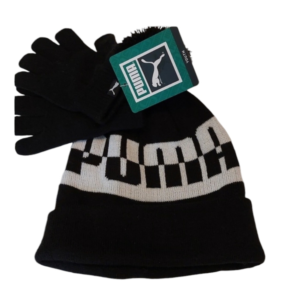 NWT Puma Kids Beanie Hat and Gloves Set Unisex Black and White